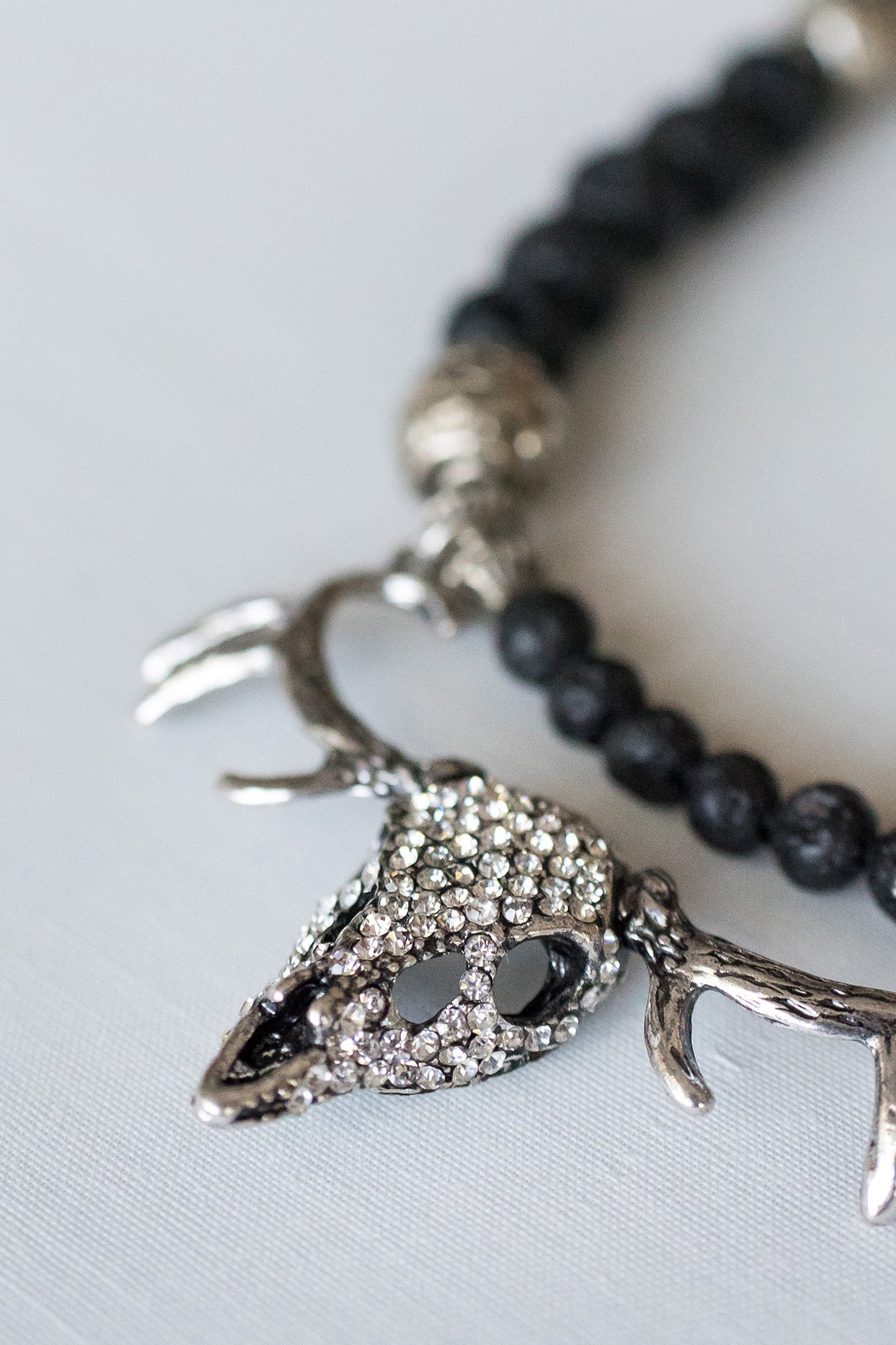 Lava Rock Necklace with Antique Silver & Rhinestone Antelope Skull