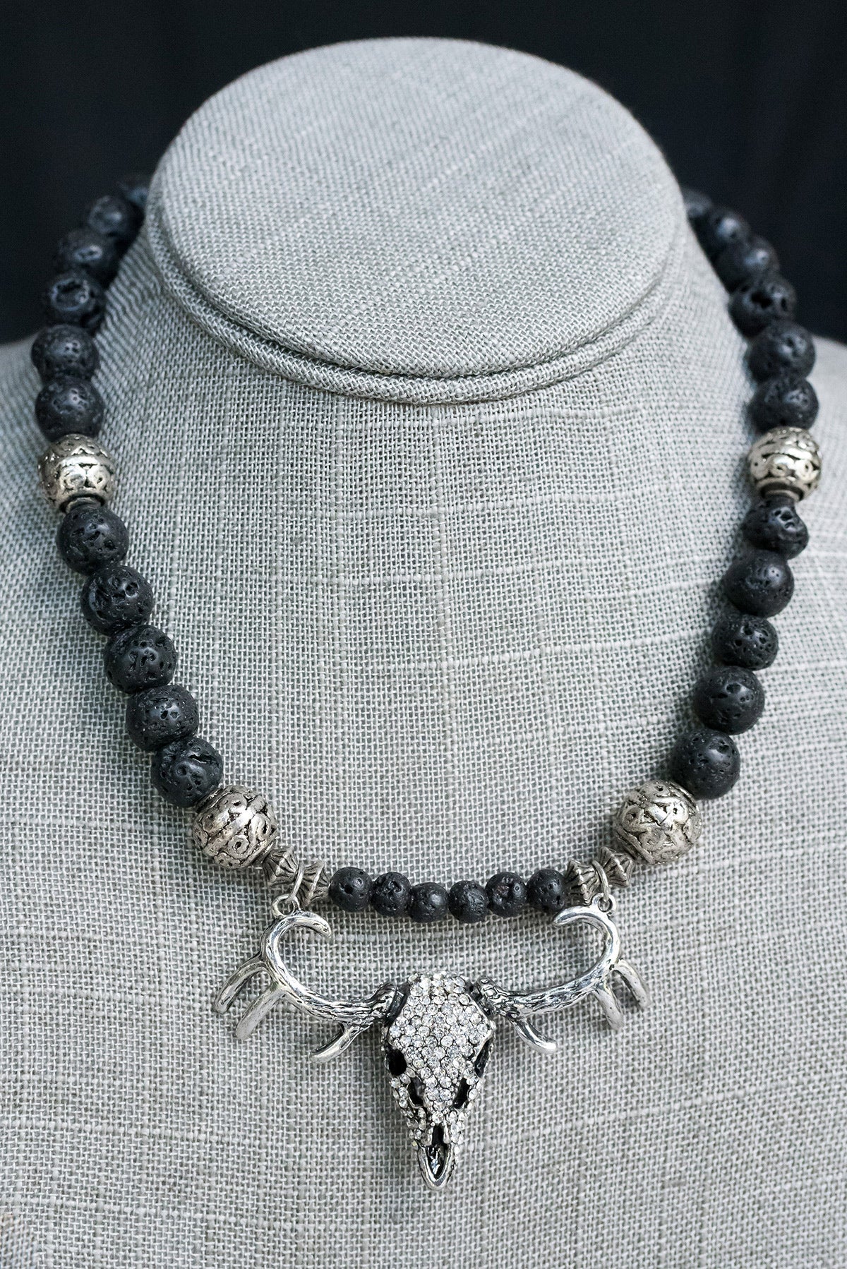 Lava Rock Necklace with Antique Silver & Rhinestone Antelope Skull