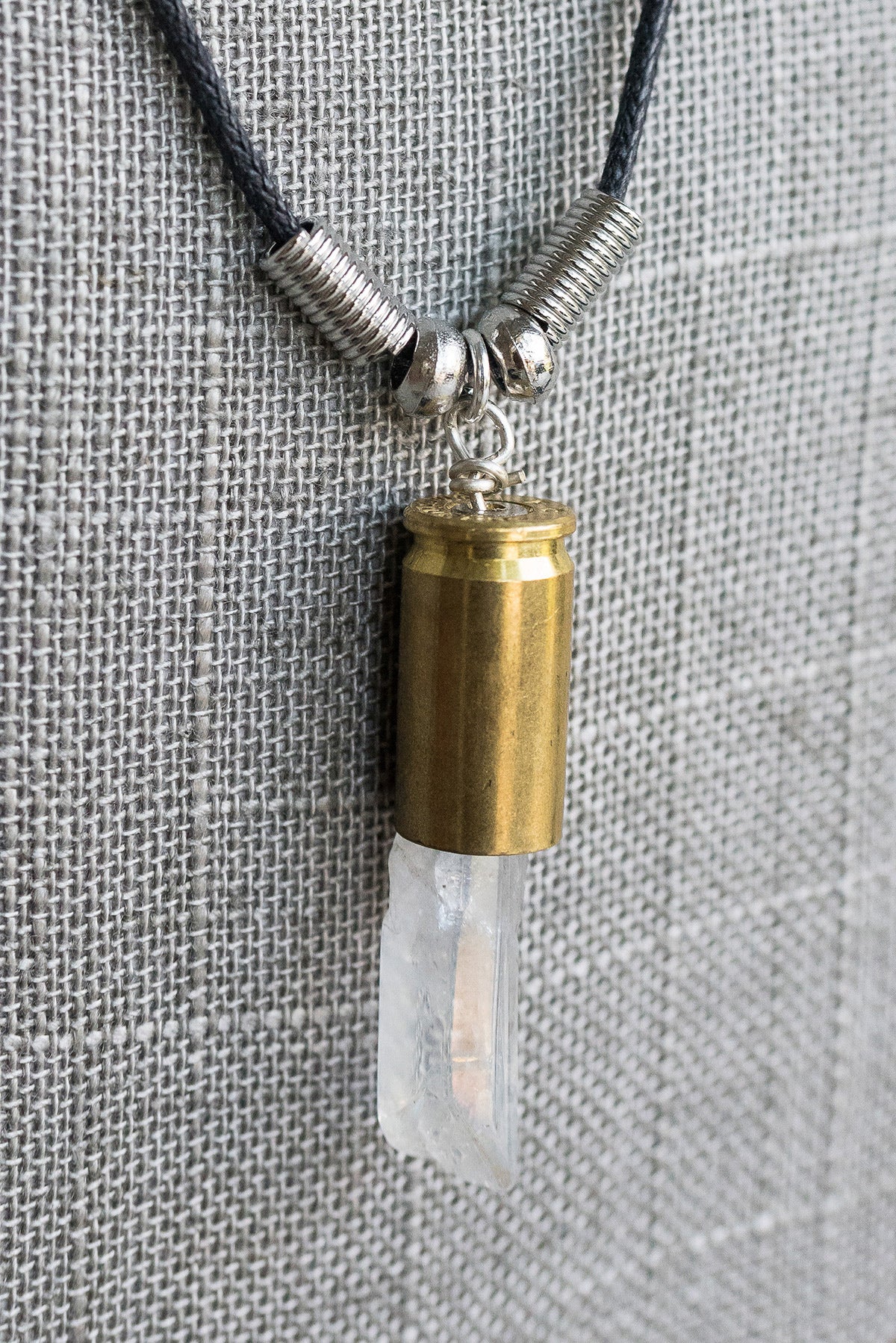 Clear Crystal Teardrop Bullet Pendant on Leather Rope